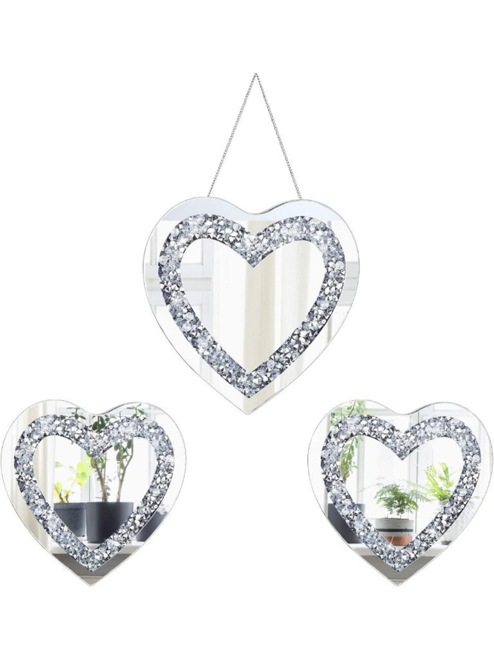 Set of 3 Heart-Shaped Crystal Crush Silver Wall Mirrors - Glam Decor Accent